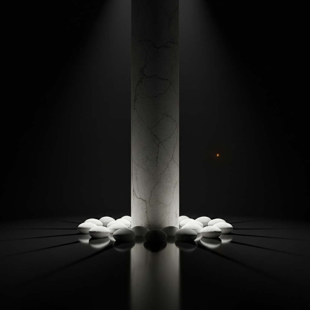 An ancient, slightly cracked marble column rises from a reflective black surface, its base surrounded by a precise circle of small, smooth white stones. Behind it, a vast, dark background is interrupted only by a distant, faintly glowing point of light, like a star. A single overhead spotlight illuminates the column and stones, casting long, sharp-edged shadows that radiate outward, while the ‘star’ provides a delicate counterpoint. Photographed from a low-angle perspective, the composition feels monumental yet restrained, symbolizing the search for unchanging truth amid obscurity. The mood is solemn, metaphysical, and sophisticated, with high-contrast photographic realism and a minimalist, almost sacred atmosphere.