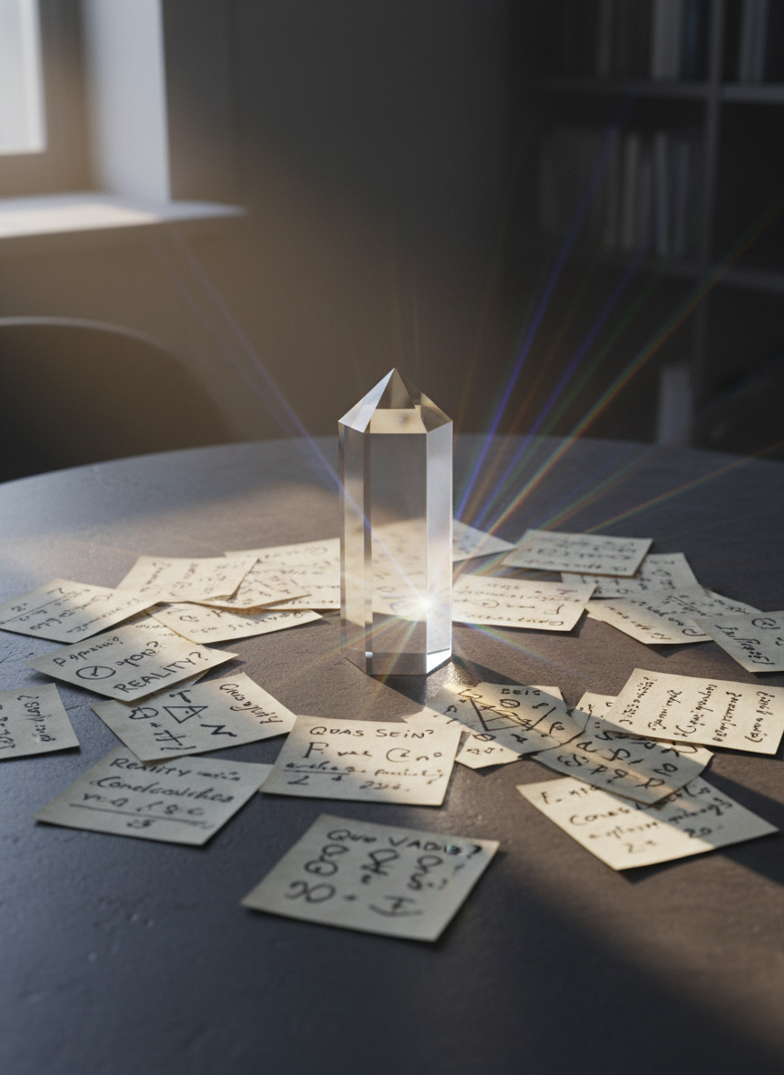 A solitary, intricately faceted crystal prism stands at the center of a smooth, charcoal-gray stone surface, surrounded by scattered handwritten notes filled with dense philosophical symbols and questions. Soft morning light enters from an unseen window, passing through the prism and breaking into subtle, colorful rays across the notes, while the rest of the room remains in muted shadow. Captured from a slightly elevated angle using photographic realism, the composition follows the rule of thirds, emphasizing the prism as a metaphor for truth refracting through human understanding. The atmosphere is contemplative and quietly awe-filled, with cool, subdued tones and a clean, modern aesthetic.